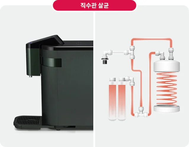 커피 머신과 직수관 살균 과정을 나타낸 이미지입니다. 커피 머신은 어두운 색상이며, 물이 흐르는 관과 필터 시스템이 연결된 구조가 보입니다. 관은 여러 개의 연결 부품을 통해 필터와 연결되어 있으며, 나선형 구조가 포함되어 있습니다. 상단에 
